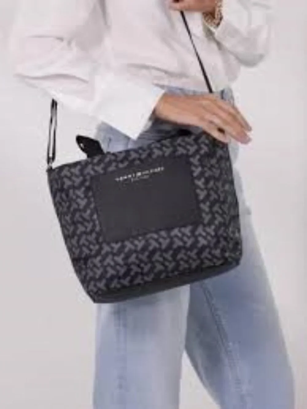 Tommy Hilfiger logo print structured bag nylon body, pocketed, gold tone detail
